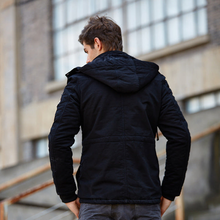 Herr Quiltad Fältjacka med Huva Patch Detaljer och Termisk Foder