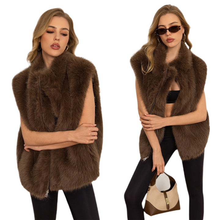 Dam kort mysig faux fur väst med hel dragkedja och rutig foder