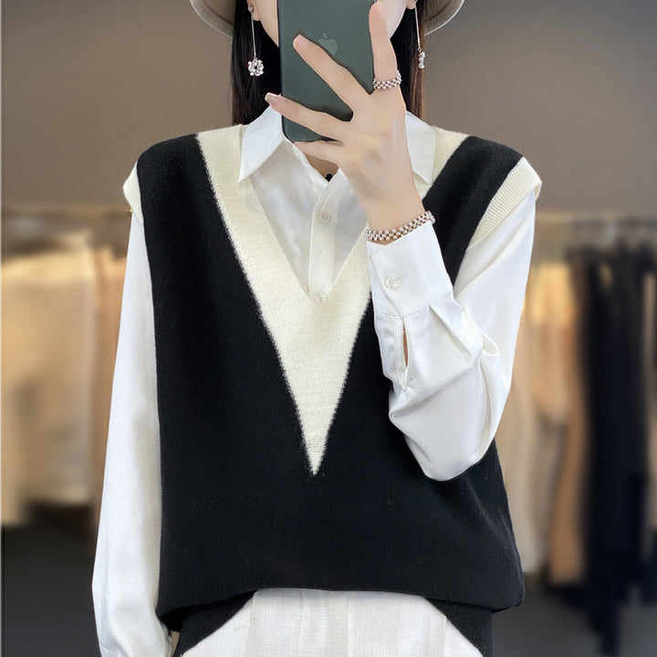 Dam Structured Fine Knit lång väst med Deep V-ringning och kontrasterande V-Panel