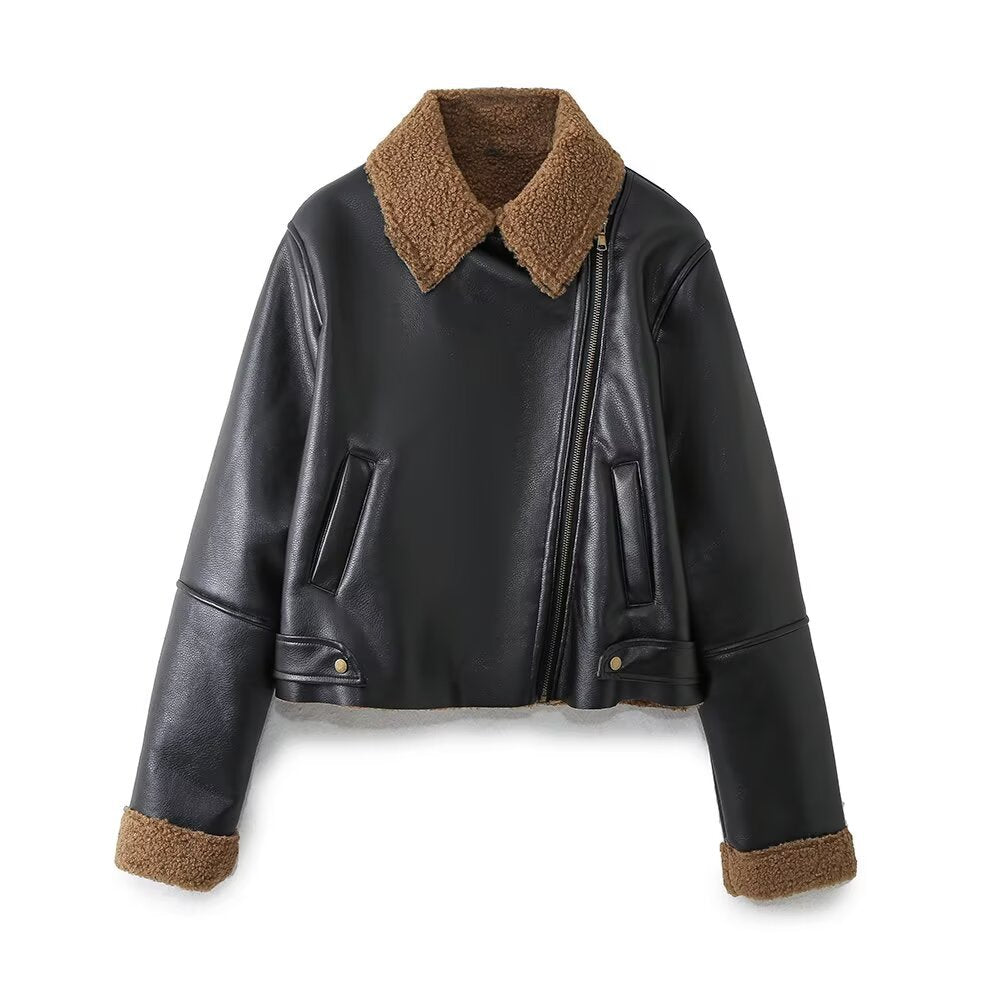 Dam Kort Skärning Aviatorjacka i Läderlook med Asymmetrisk Dragkedja och Teddy Foder