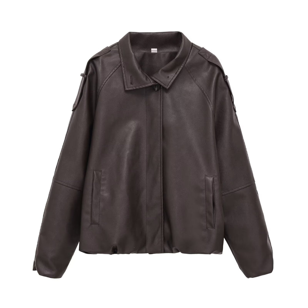 Dam kort jacka gjord vegan läderlook in boxy oversize skärning