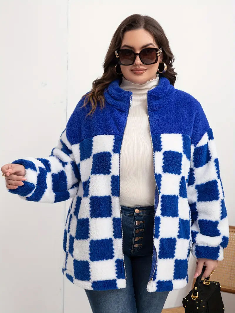 Dam rutig design Teddy fleecejacka med ståkrage, dragkedja och oversized skärning