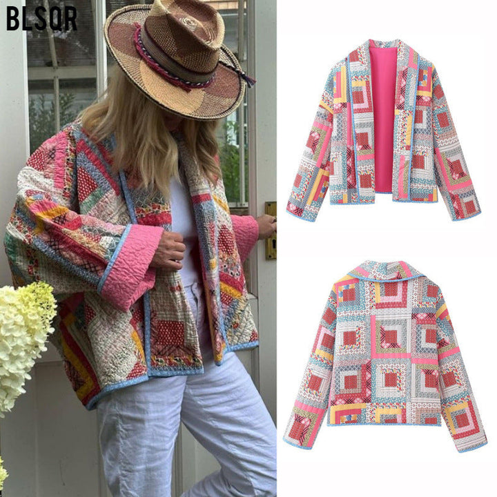 Dam Patchwork Kimono Jacka med Loose Kort Silhuett