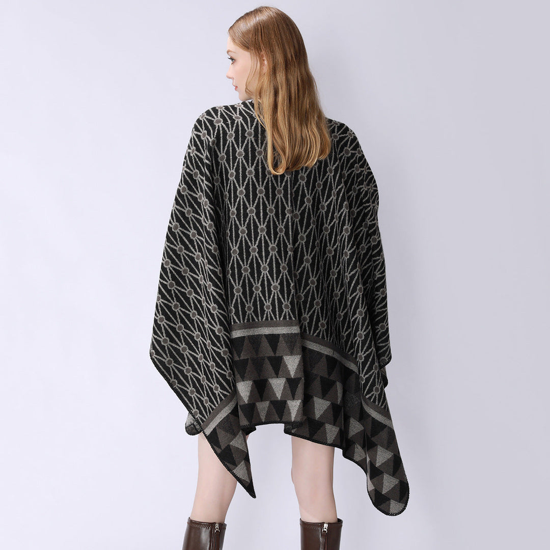 Dam Structured Jacquard poncho Overlay med Graphic Ethno mönster och Open kimono Fall