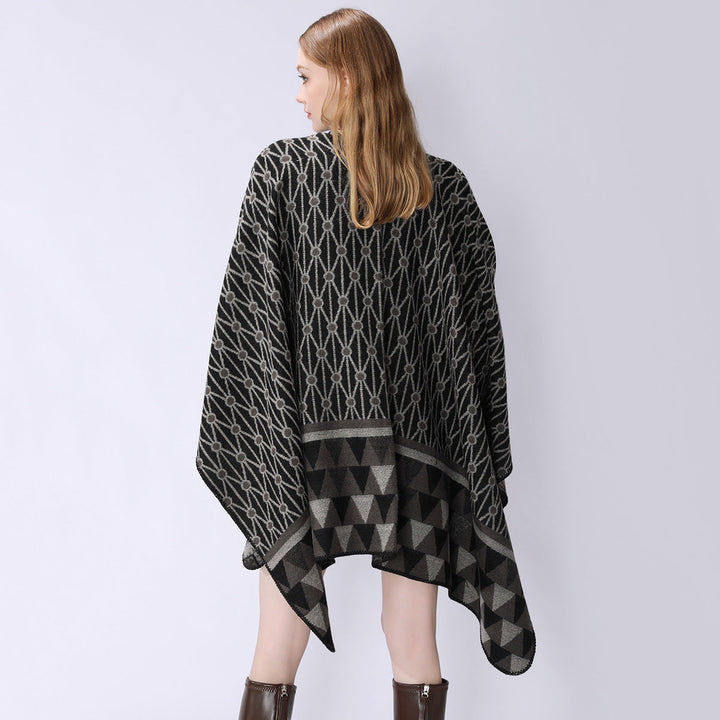Dam Structured Jacquard poncho Overlay med Graphic Ethno mönster och Open kimono Fall
