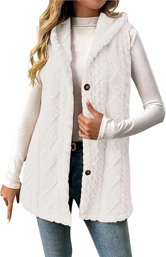 Dam fleece Lined teddy väst med huva och knapp stängning