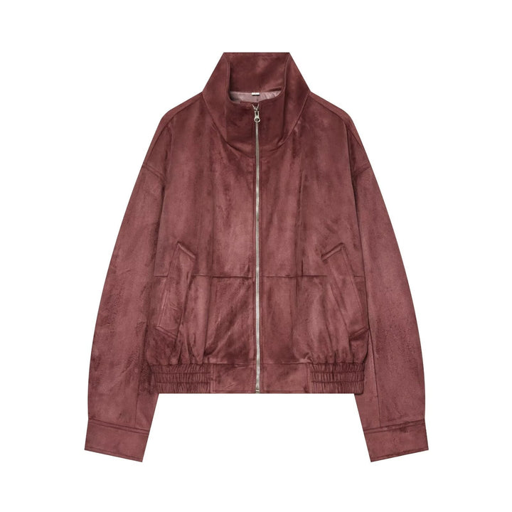 Dam Kort Suede Look Bomberjacka med Stå Krage och Elastic Nederkant