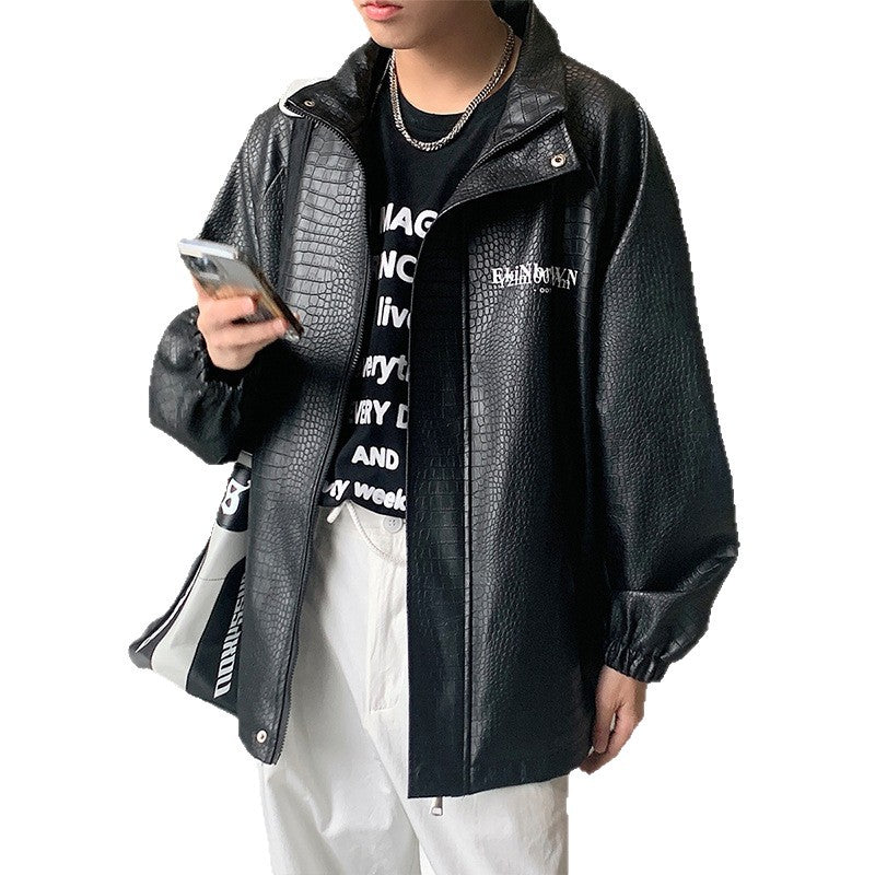 Herr Oversized Konstläder Jacka med Crocodile Embossing och Bak Logo