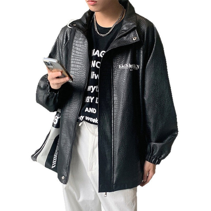 Herr Oversized Konstläder Jacka med Crocodile Embossing och Bak Logo