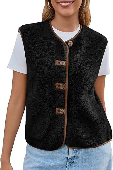 Dam teddy fleece väst med Round Neckline och knapp stängning