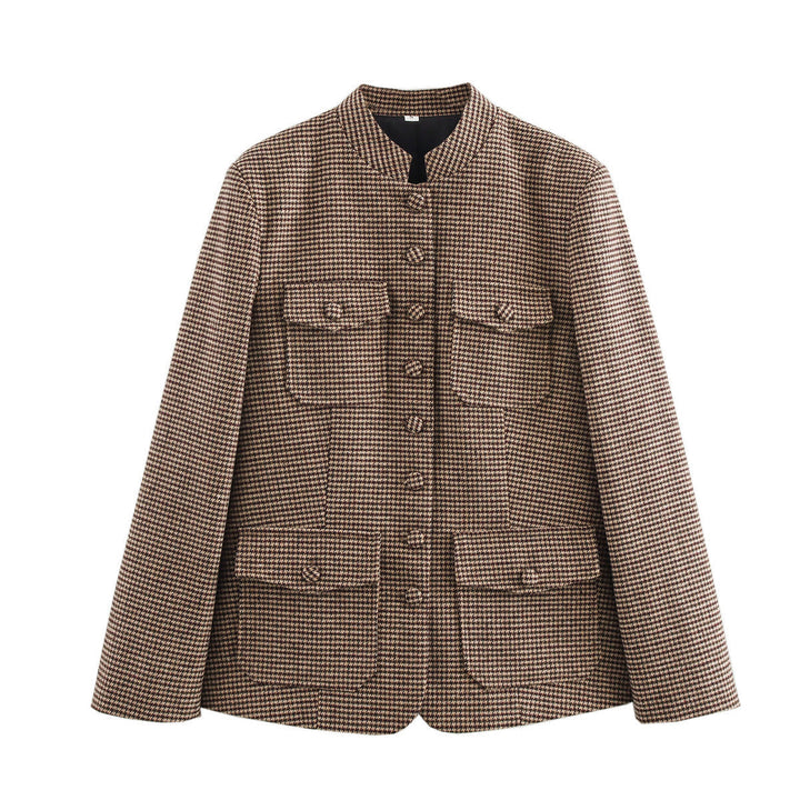 Dam casted Houndstooth jacka med ståkrage, four flapped fickor och decorative knäppning