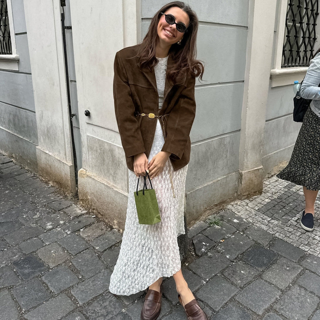 Dam oversize mocka blazer med slagkrage och Flap fickor