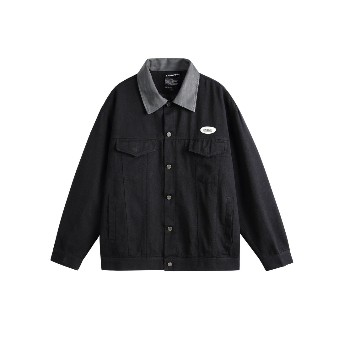 Unisex Oversized Canvas Skjorta Jacka med Contrasting Konstläder Krage