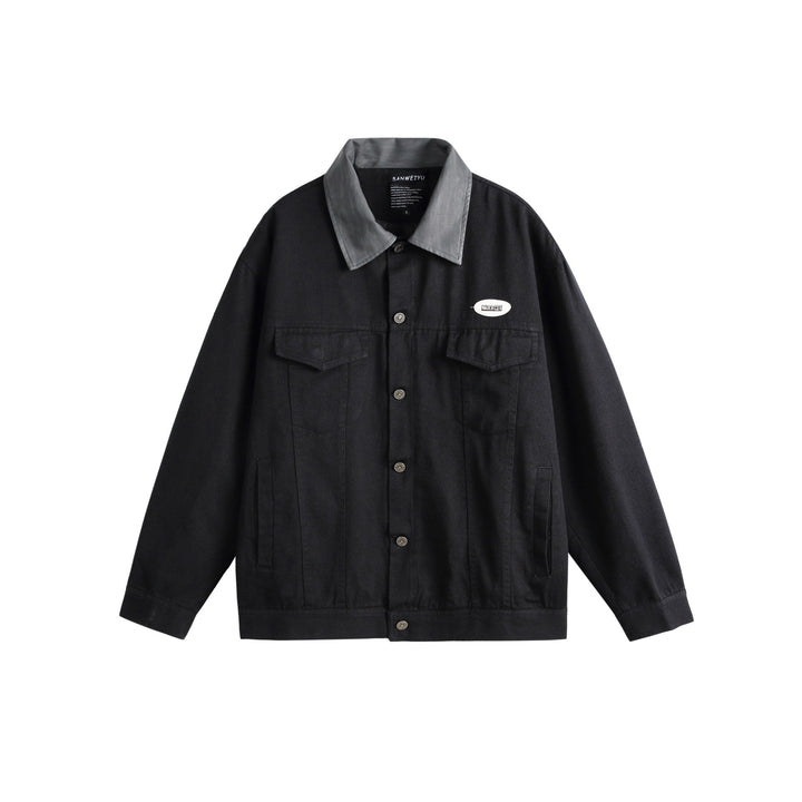 Unisex Oversized Canvas Skjorta Jacka med Contrasting Konstläder Krage