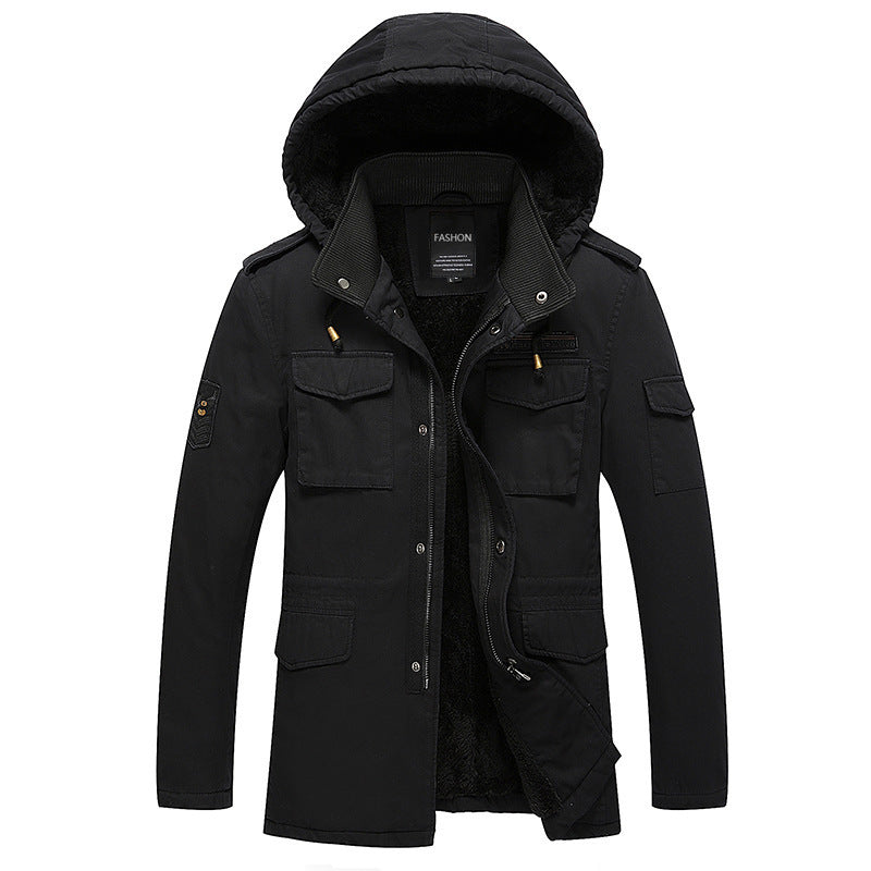 Herr Canvas Fält Parka med Varm Teddy Fleecefoder, Huva och Flera Fickor