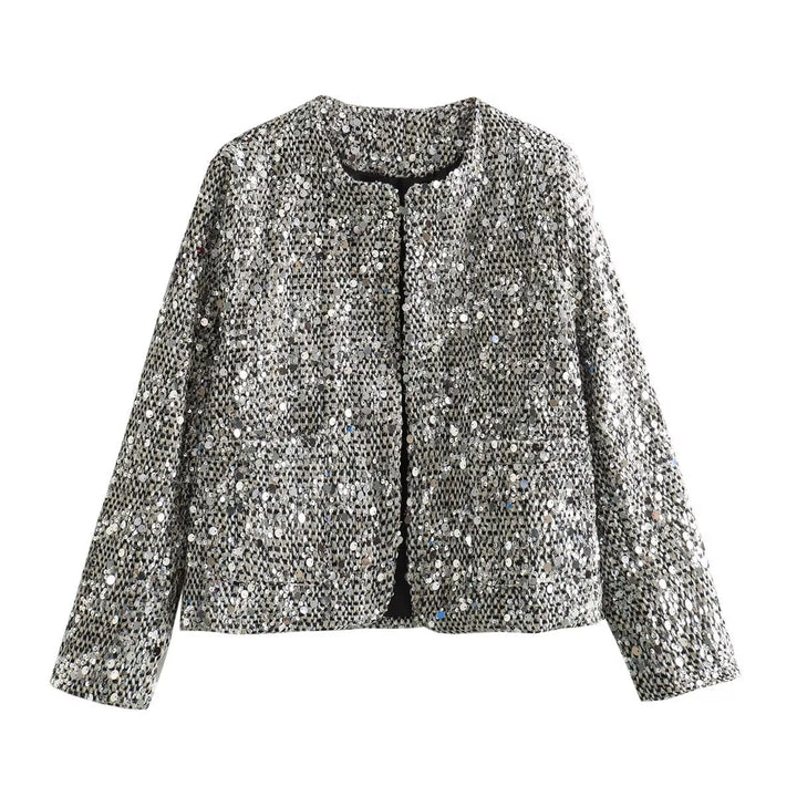 Dam kort jacka med sequin trim och bouclé structure