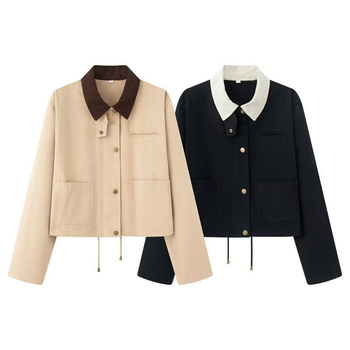 Dam kort Workwear jacka med Cord krage, Press knappar och dragsko