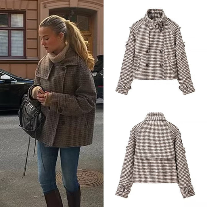 Dam Kort Jacka i Houndstooth med Ståkrage, Dubbel-Breasted och Midja Detaljer