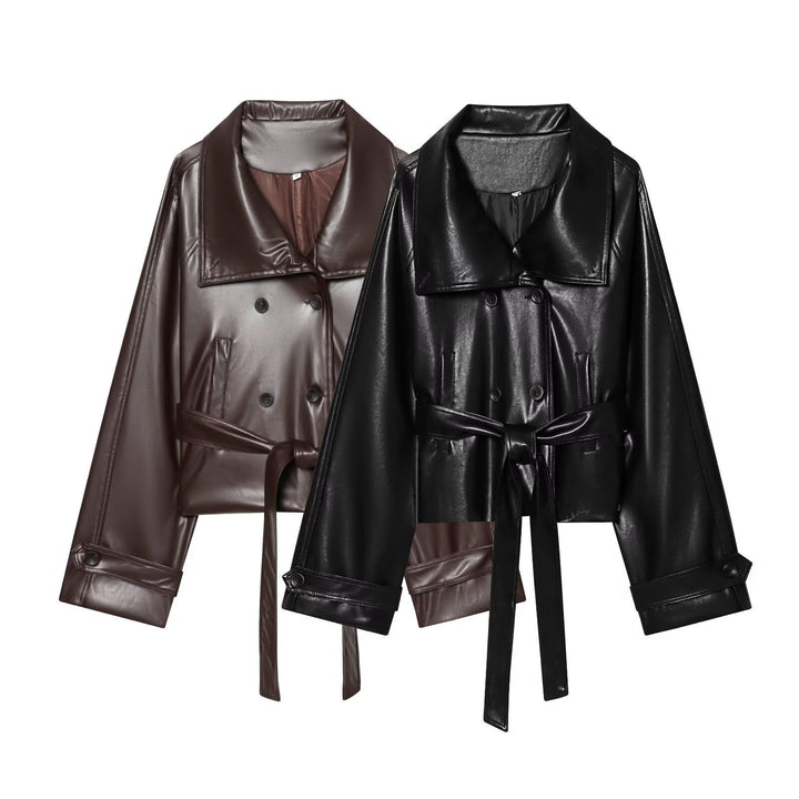 Dam Kort Faux Läder Trenchcoat i Boxig Skärning med Oversize Shawl Krage och Ties
