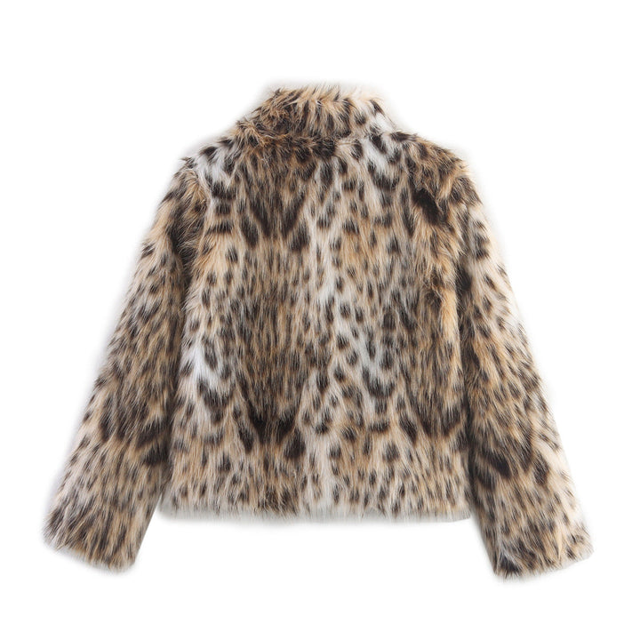 Dam Kort Jacka Gjord av Konstpäls i Leopardmönster med Boxig Skärning och Ståkrage