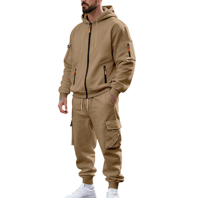Herr Nano Urban Funktionell Cargo Sweat Set med Luvtröja, Zippered Fickor, och Tapered Cargo Jogger