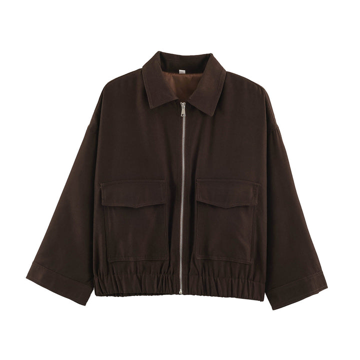 Dam Oversize Kort Jacka med Metal Dragkedja, Stora Lock Fickor och Elastic Nederkant