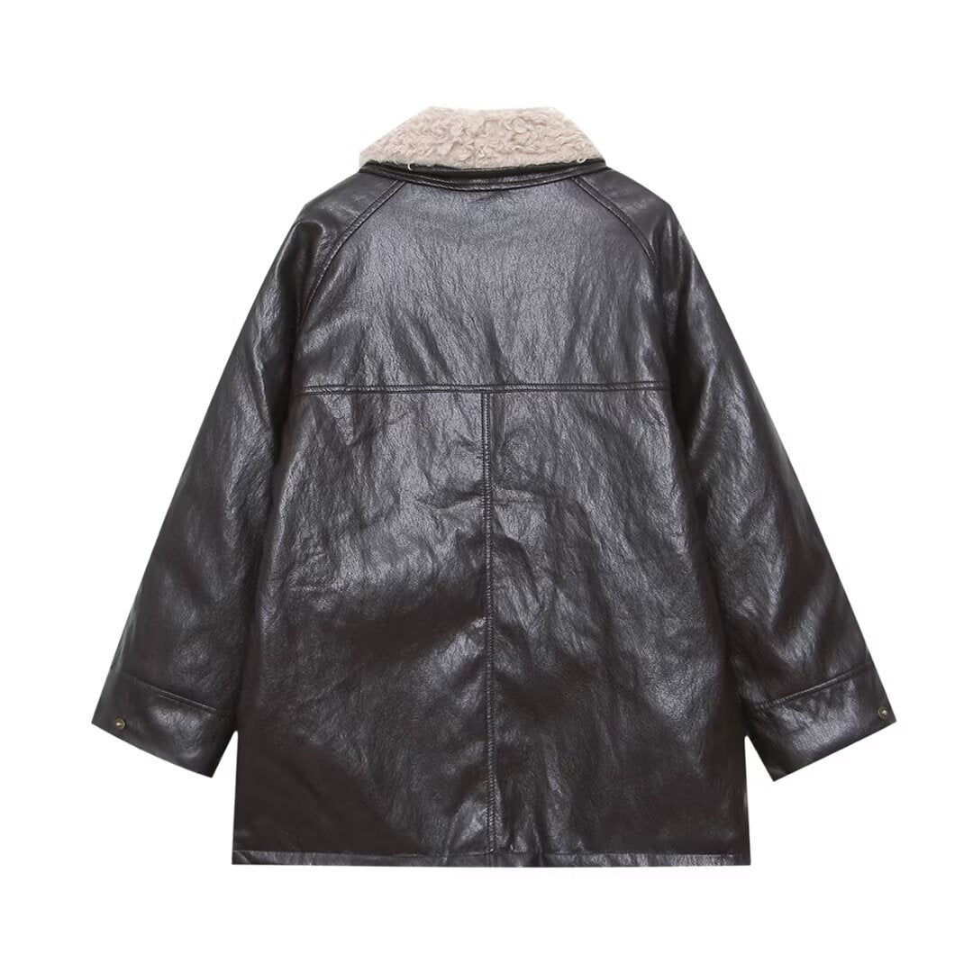 Dam Oversized Konstläder Field Jacka med Detachable Teddy Krage och Lockfickor