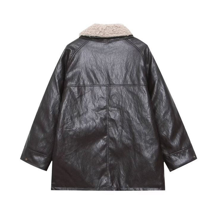 Dam Oversized Konstläder Field Jacka med Detachable Teddy Krage och Lockfickor