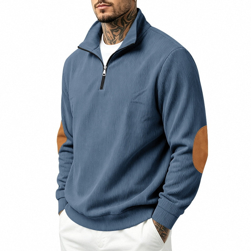 Herr Light Strukturerad Halv Dragkedja Pullover med Cord Elbow Lappar och Ståkrage