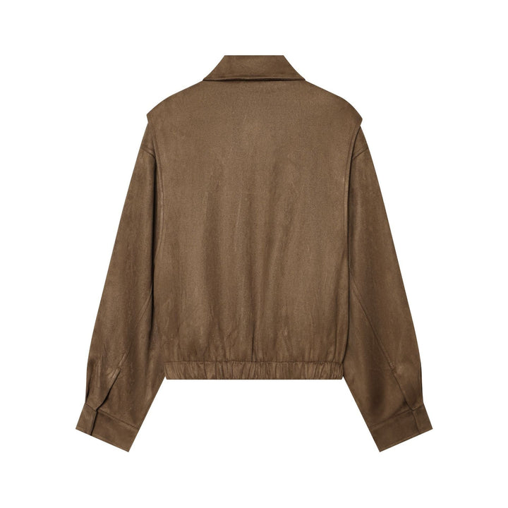 Dam Kort Blouson Jacka i Velour Look med Skjort Krage, Patch Fickor och Waist-Cinching Elastic