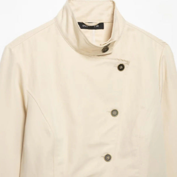 Dam Kort Tailored Avslappnad Jacka i Blouson Stil med Asymmetrisk Knapp Knäppning och Stå Krage