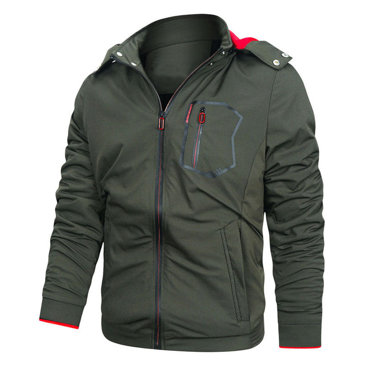 Herr Softshell Utilityjacka med Avtagbar Huva, Vindskyddande Membrane, och Zippered Bröstficka