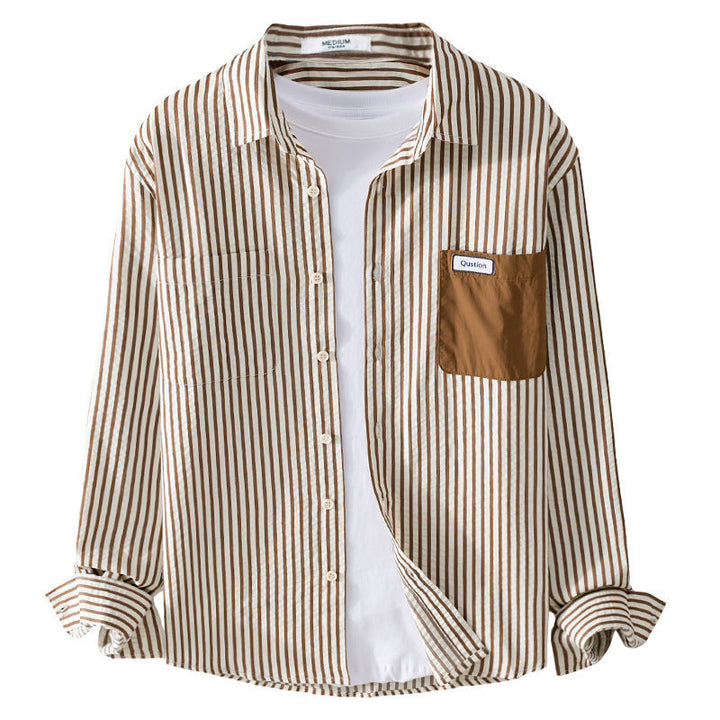 Herr Randig Lång Ärm Overshirt Tillverkad av Bomullsblandning med Contrasted Bröstficka