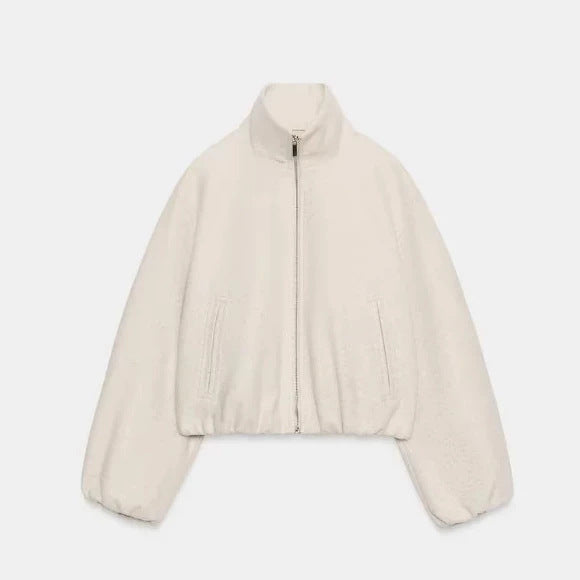 Dam Kort Skärning Bouclé Blouson Jacka med Stå Krage, Elastic Nederkant och Balloon Ärmar