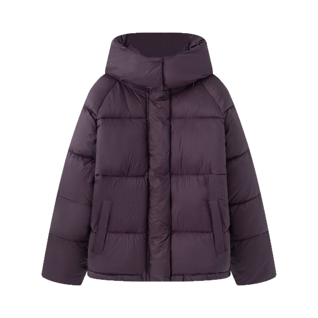 Dam Boxig Quiltad Jacka med Hög Krage, Huva och Concealed Fastening
