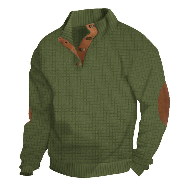 Herr Strukturerad Waffle Stickad Henley Tröja med Läder Kant &amp; Elbow Lappar