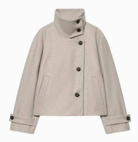 Dam 9800+ Kort Boxig Ull Blend Jacka med Hög Funnel Krage, Asymmetric Knapp Knäppning, och Justerbar Muddar