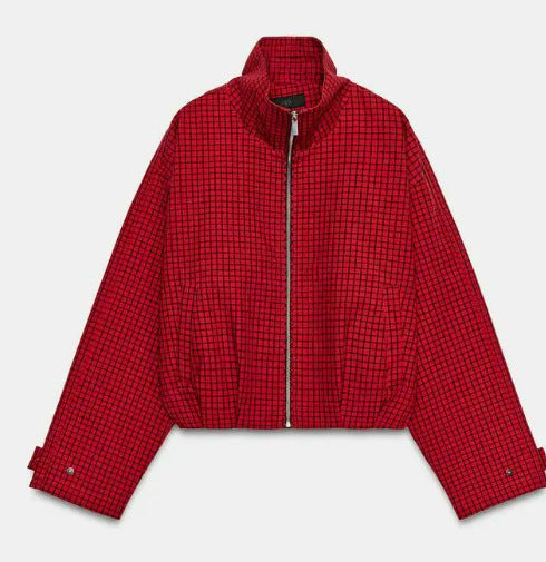 Dam Kort Blouson Jacka Gjord av Woven Fabric med Ståkrage, Elastic Fåll, och Fin Check Design