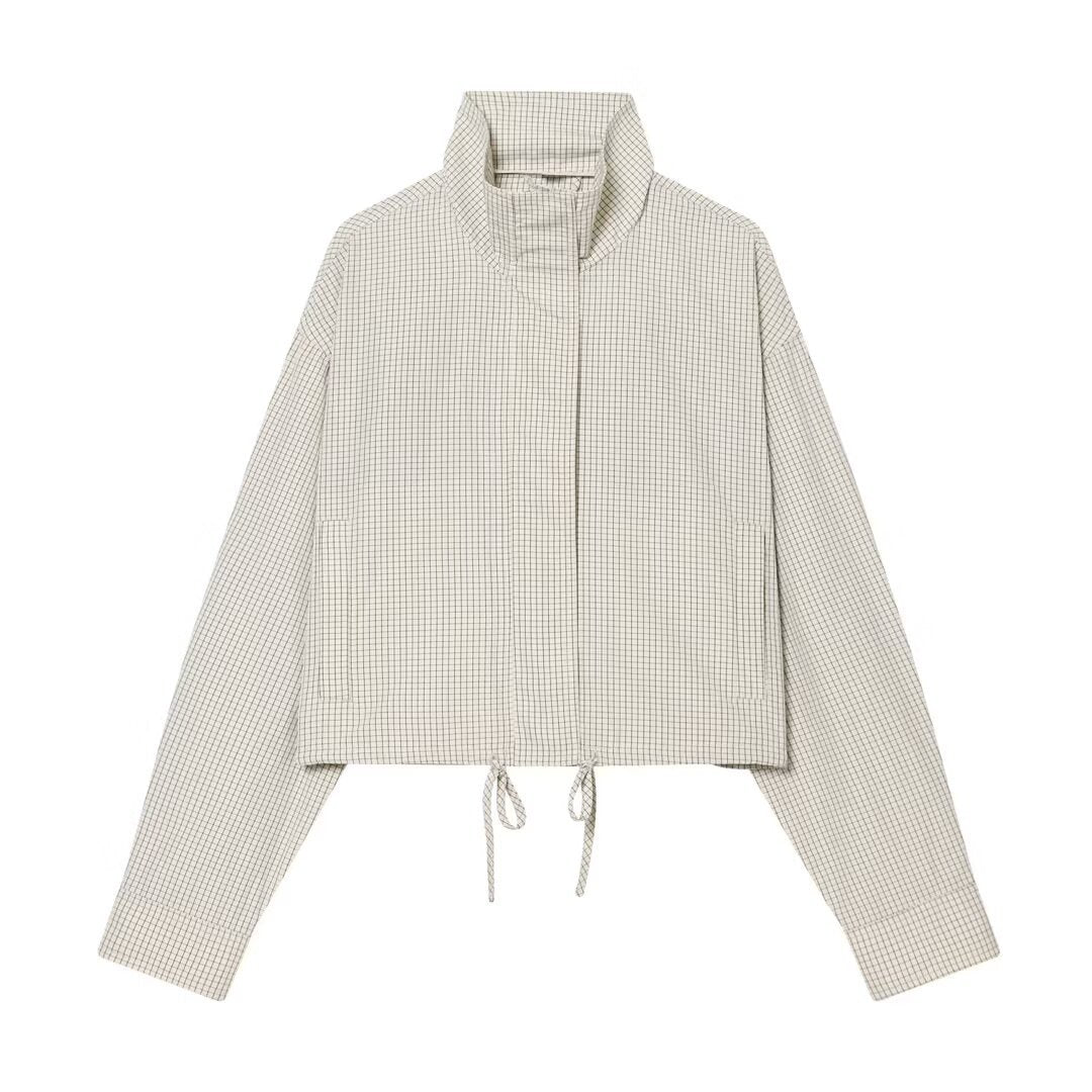Dam Kort Kort Stå Krage Jacka med Drawstring Nederkant och Fine Check Mönster