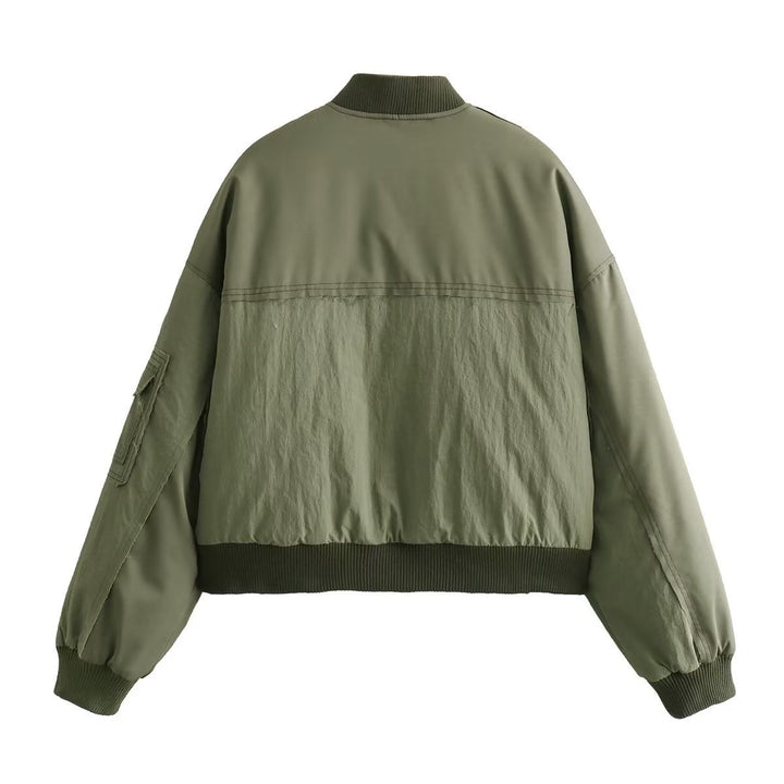 Dam kort-skärning utility bomber med patch detaljer, praktisk bröstfickor och ärm dragkedja
