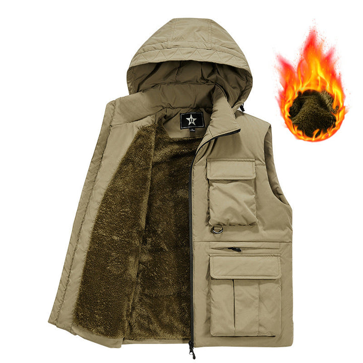 Herr Insulated Utility Väst med Huva, Teddyfoder och Multi-Functional Fickor