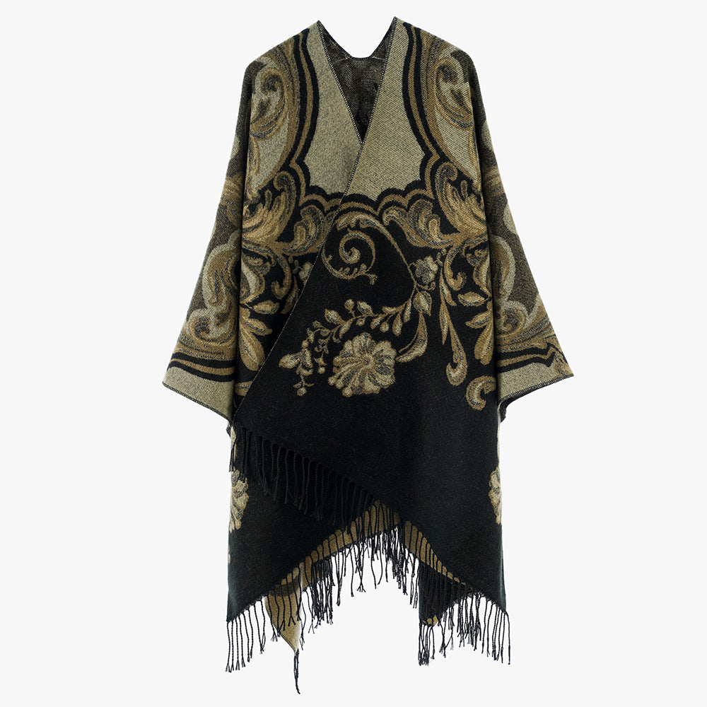 Dam Jacquard poncho Wrap i Baroque mönster med Fringes