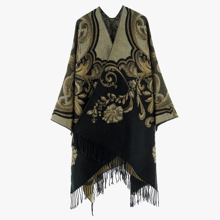 Dam Jacquard poncho Wrap i Baroque mönster med Fringes