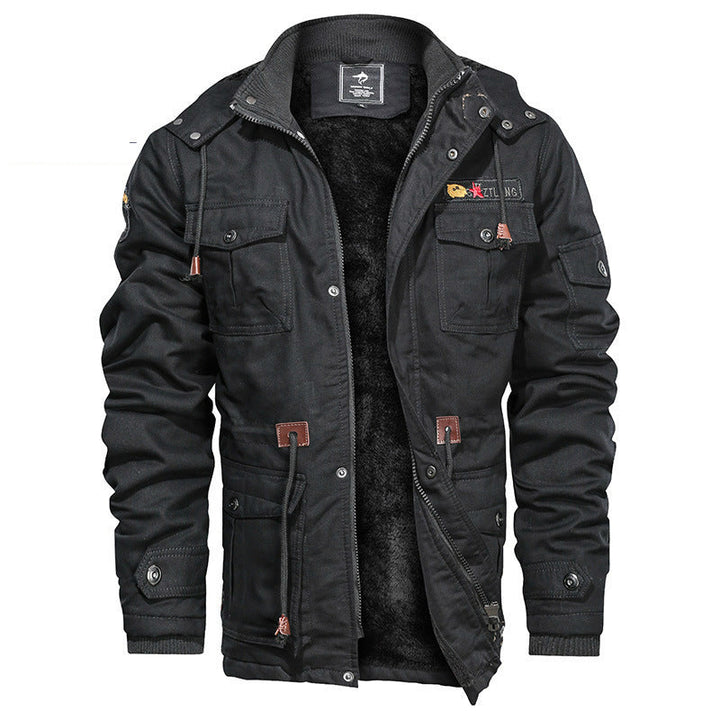Herr Military-Inspired Canvas Fältjacka med Huva, Dragsko Midja och Fleecefoder