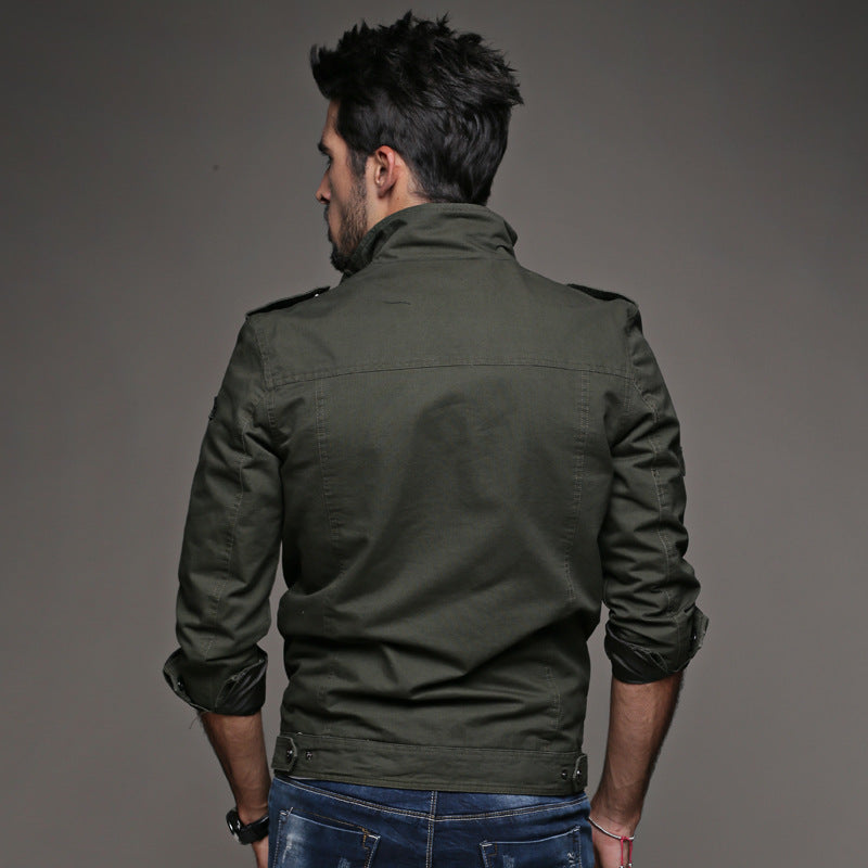 Herr Canvas Utility Fält Blouson med Standing Krage, Epaulettes och Multifunctional Fickor
