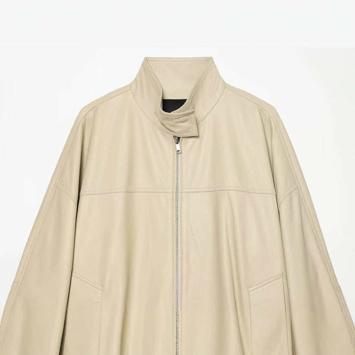 Dam Oversize Faux Läder Blouson Jacka med Stå Krage
