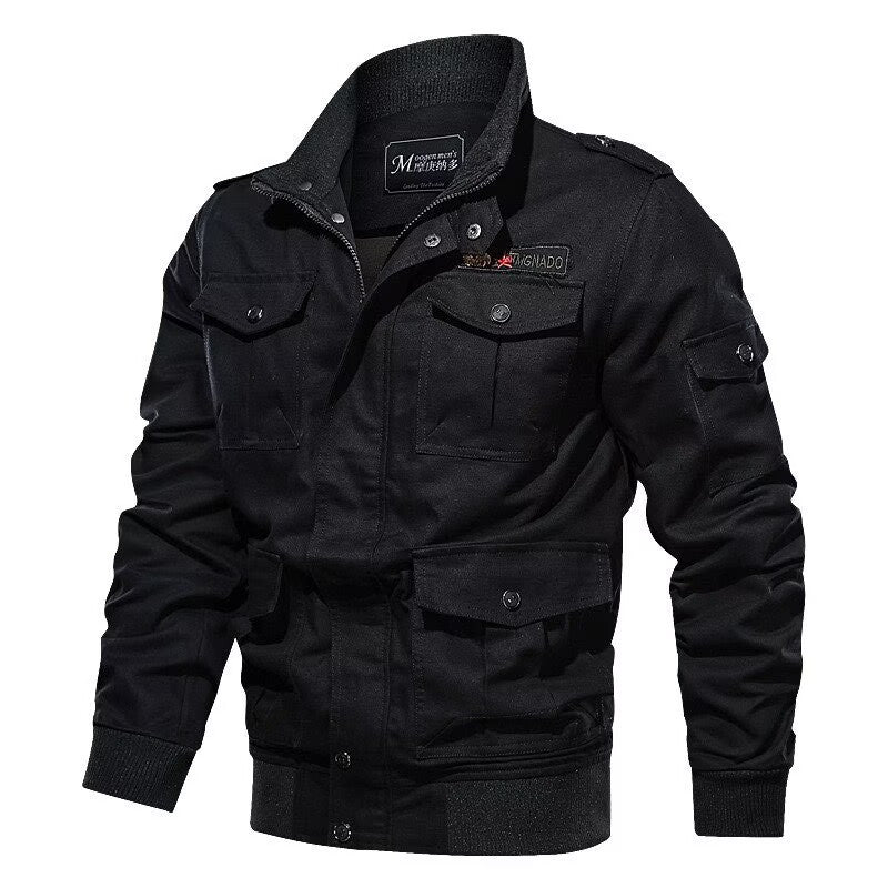 Herr Military-Inspired Canvas Fältjacka med Axelklaffar och Multifunktionell Fickor