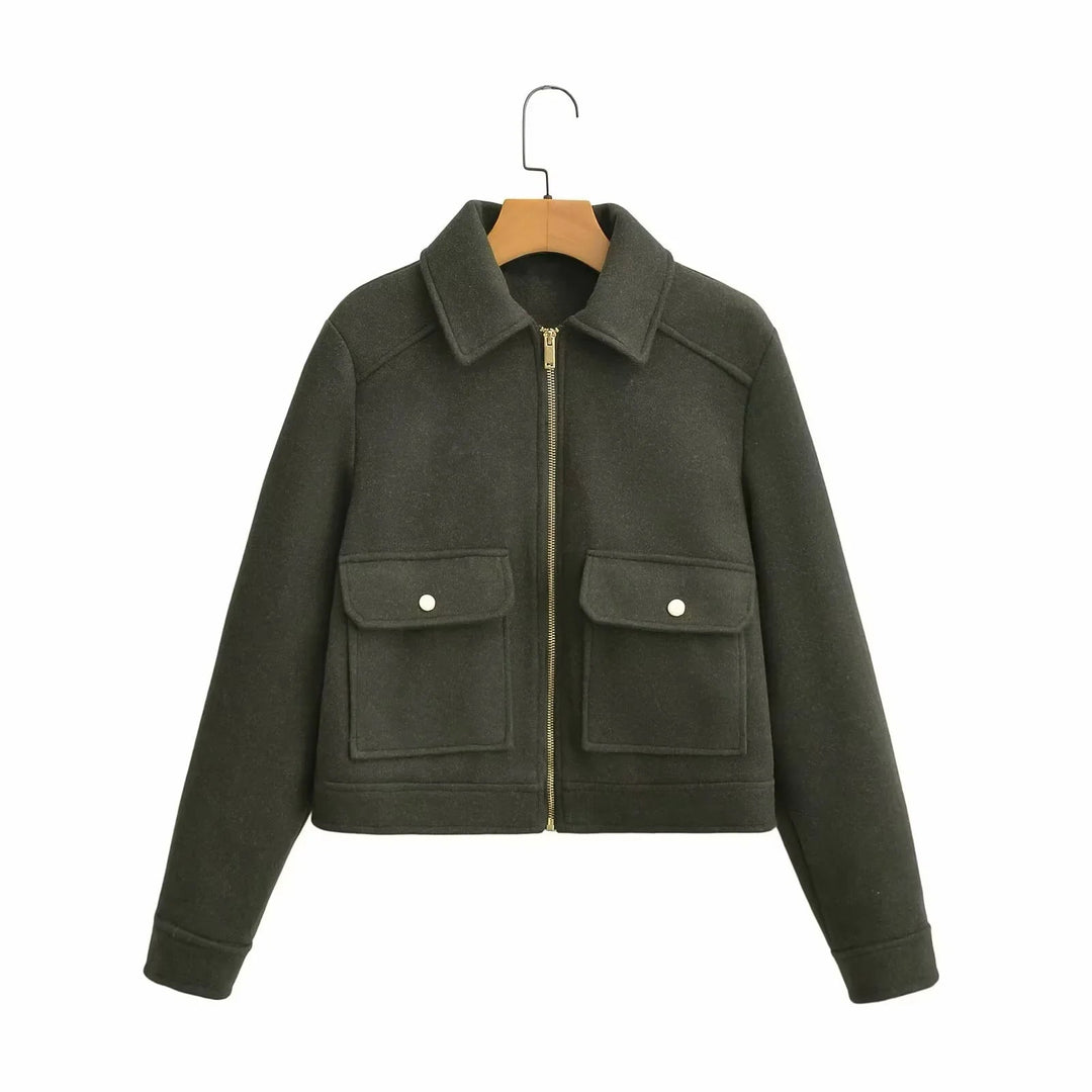 Dam boxy ullblandning shacket med concealed metal dragkedja, skjortkrage, och påsydda fickor