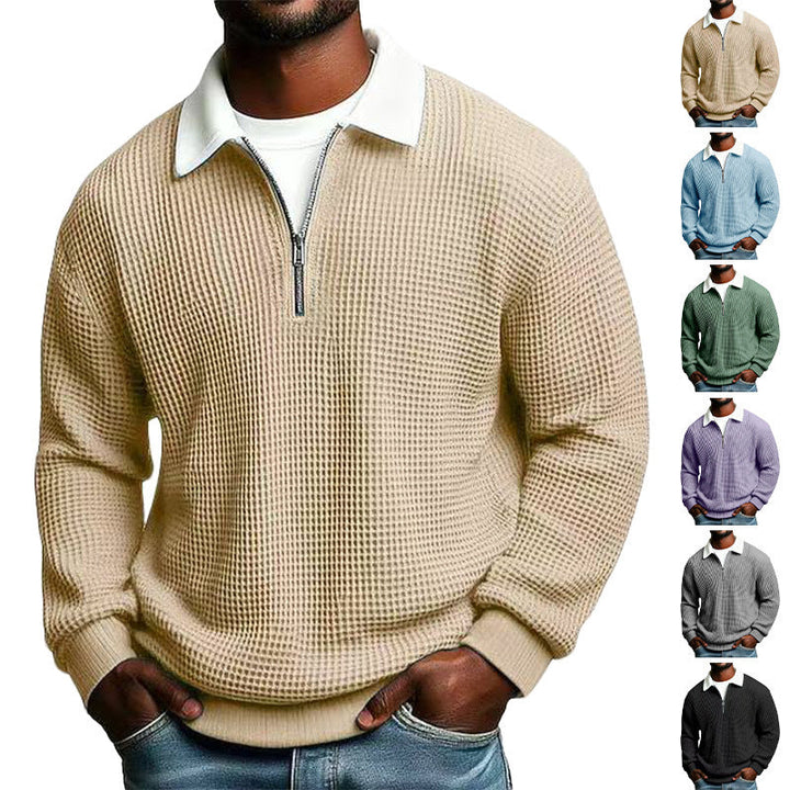 Herr Strukturerad Waffle Stickad Pullover med Polo Krage och Kort Dragkedja