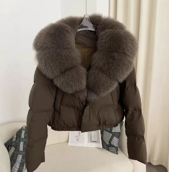 Dam kort skärning boxy pufferjacka med extra stor faux fur krage och shape-stable fåll